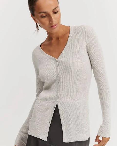 Country Road Australian Merino Wool Silk Rib Cardigan in Light Grey Marl, Size M