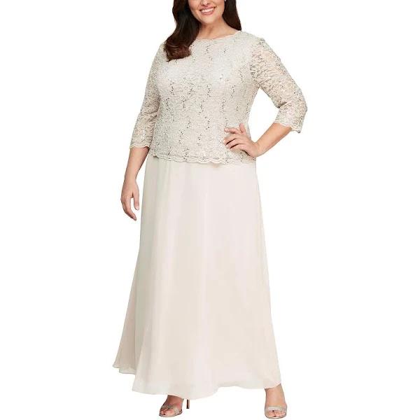 Alex Evenings Plus Long Gown with Sequin Lace Bodice & Chiffon Skirt Taupe / 18W