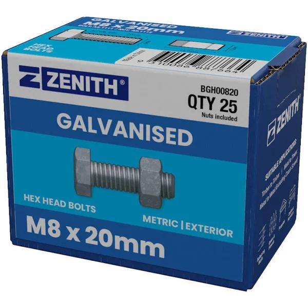 Zenith M8 x 20mm Hot Dip Galvanised Hex Head Bolts and Nuts - 25 Pack