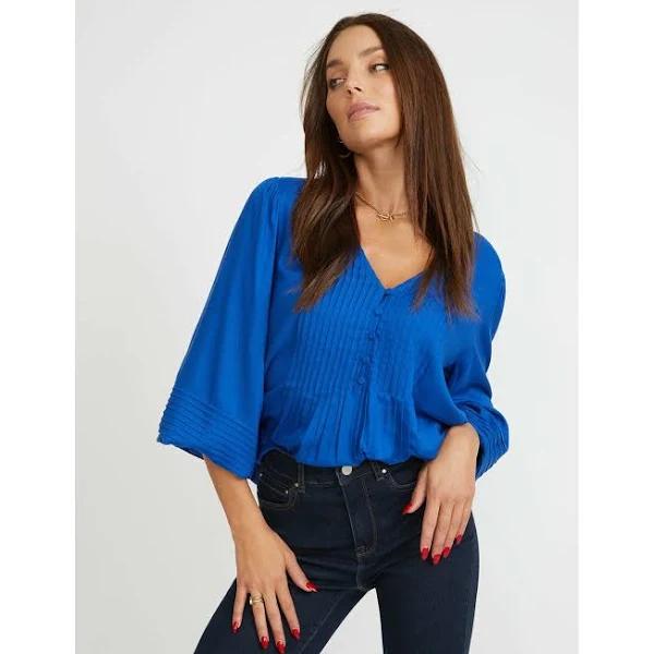 Rockmans Long Sleeve Pintuck Button Blouse - Size 8 - Womens - Cobalt