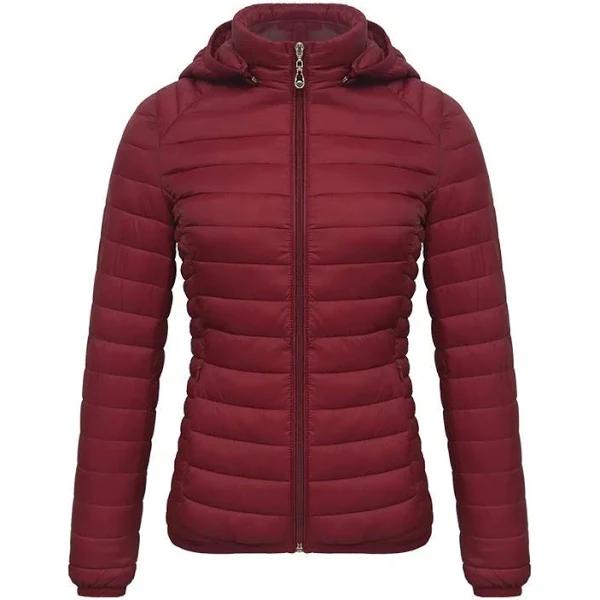 Anychic Womens Padded Puffer Jacket 5XL Red Solid Lightweight Warm Outdoor Parka Clothing with Detachable Hood