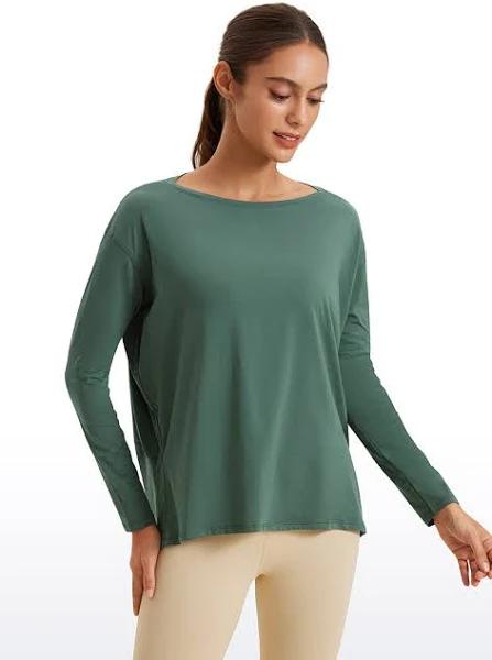 CRZ Yoga Women's Casual Loose Fit Pima Cotton Long Sleeves Boat Neck Graphite Green / XL