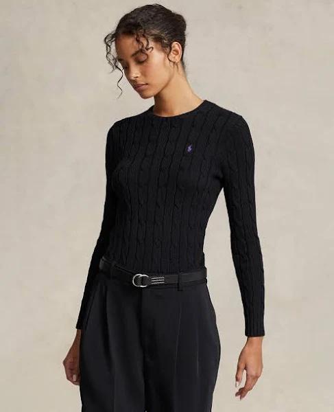 Polo Ralph Lauren - Women's Black Jumpers - Julianna Cable Knit Cotton Crewneck Sweater - Size XXS at The Iconic