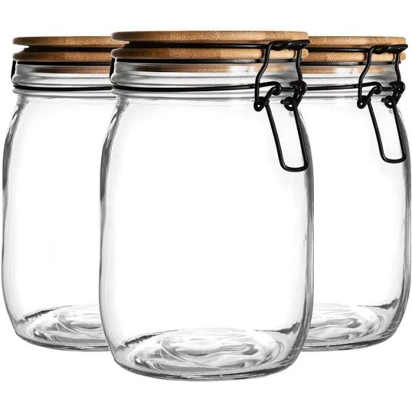 Argon Tableware 3 Piece Airtight Storage Jar With Wooden Lid Set - Style Glass Canister - Clear Seal - 1 Litre