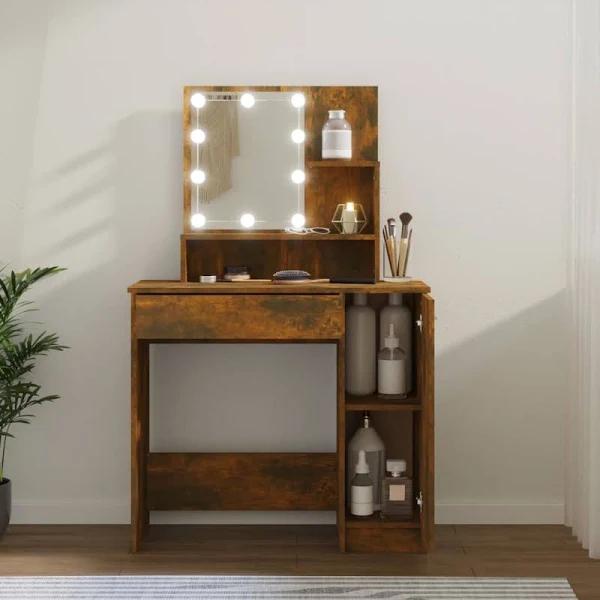 vidaXL Dressing Table With LED Smoked Oak 86.5x35x136 cm