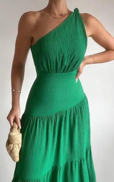 Green Midi Dress - Tiered One Shoulder Dress