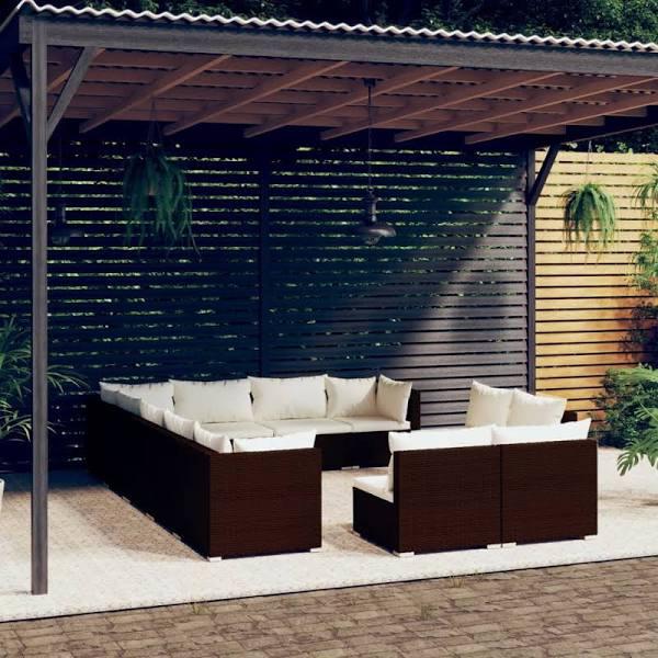 vidaXL 12 Piece Garden Lounge Set With Cushions Brown Poly Rattan