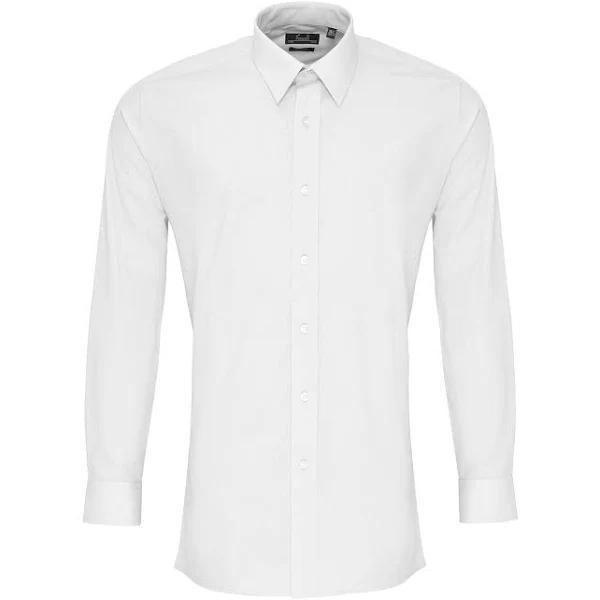 Premier Mens Long Sleeve Fitted Poplin Work Shirt White 17