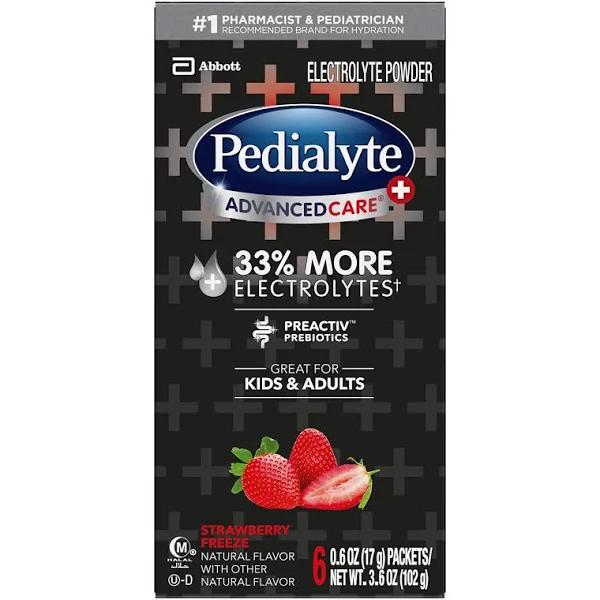 Pedialyte Advanced Care+ Electrolyte Powder, Strawberry Freeze - 6 pack, 0.6 oz packets