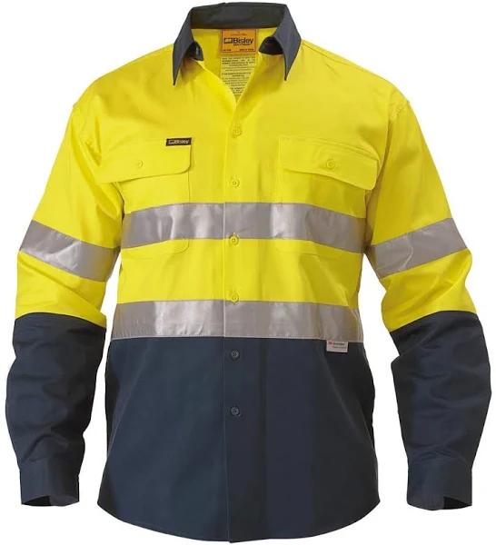 Bisley BT6456 Hi-Vis Taped Cotton Drill Shirt Long Sleeve - Yellow/Bottle / 5XL