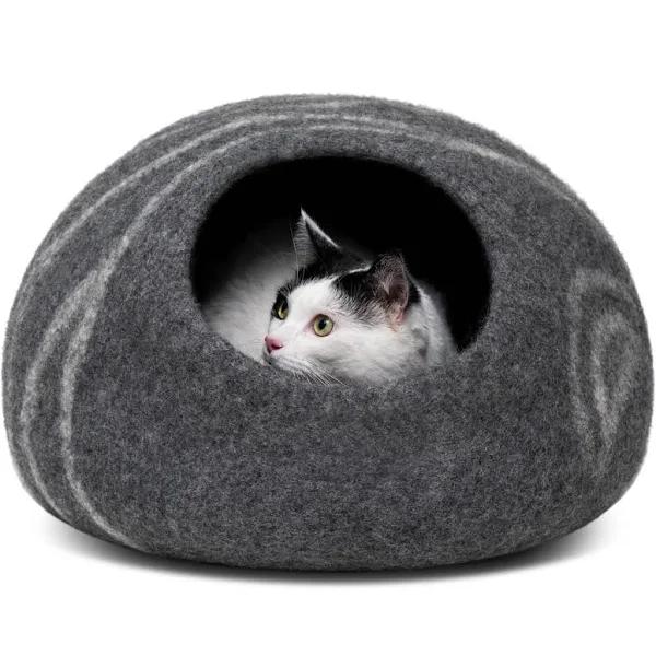 MEOWFIA Premium Felt Cat Bed Cave - Handmade 100% Merino Wool Bed For Cats And Kittens (Medium, Dark Grey)