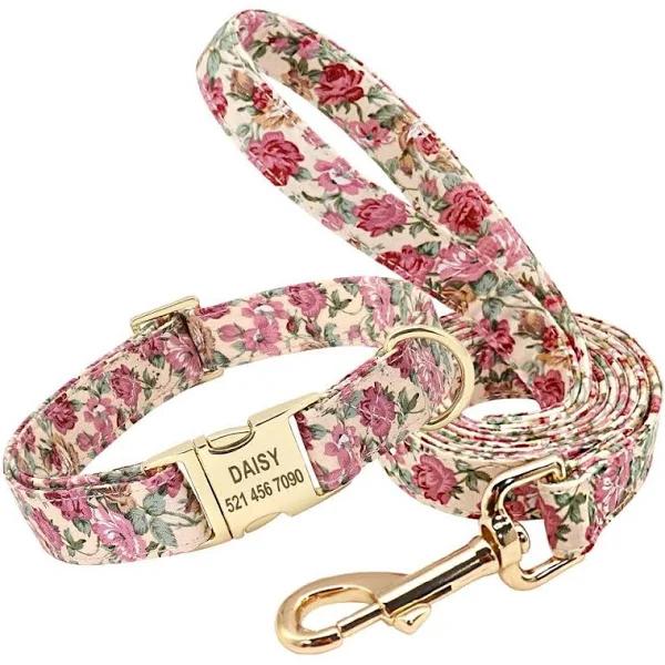 Handmade Personalized Floral Nylon Printed Dog Collar and Leash Sets - Beige - AfterPay & zipPay Available