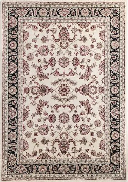 Ornate Cream and Black Traditional Bordered Ikat Rug 80x150cm