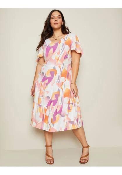 Autograph - Plus Size - Womens Midi Dress - Pink - Summer Linen Wrap Dresses - Abstract - Short Sleeve - Tiered - Women's Clothing - Abstract AU Size