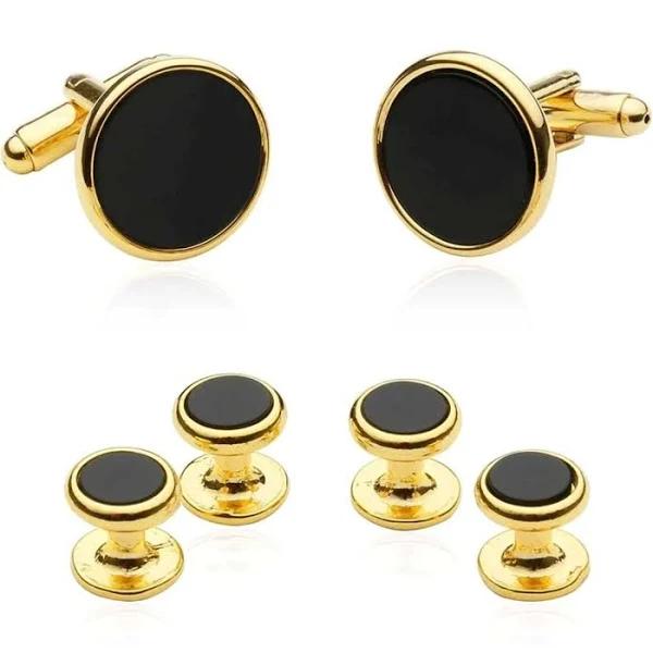 Gold Round Onyx Cufflinks and Stud Set - Default