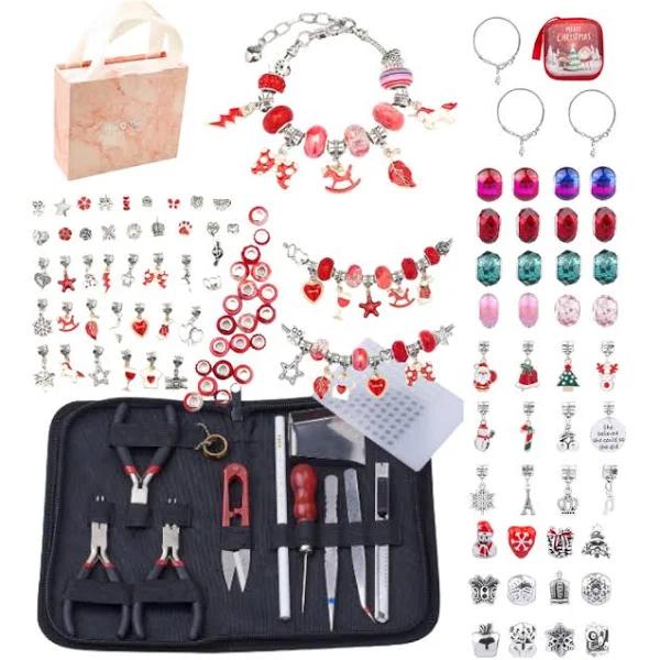 Red Jewellery Making Kit With Christmas Beads, Tools, Accessories, Wallet & Gift