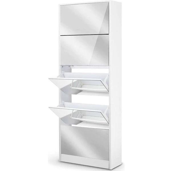 Artiss 5 Drawer Mirrored Wooden Shoe Cabinet - White