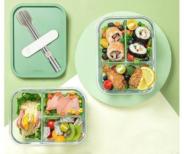 Robo 3 Compartment Glass Food Container Green 1L