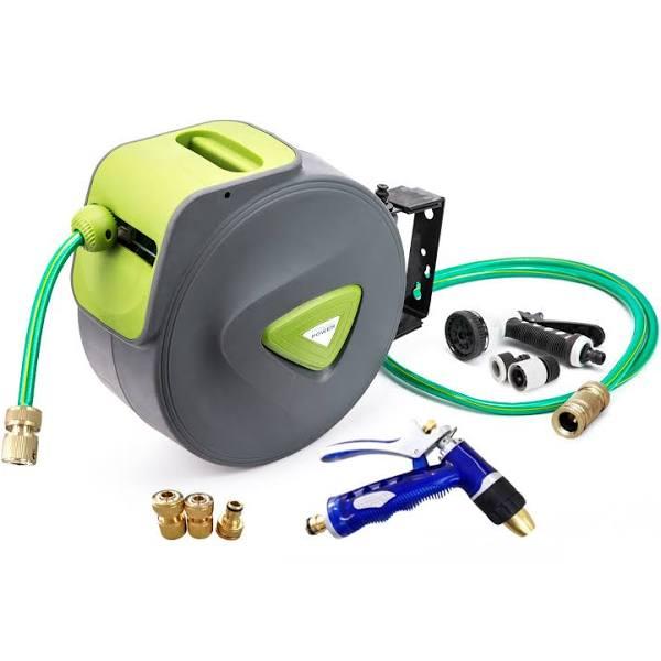 Garden Water Hose 30m Retractable Rewind Reel + Brass Gun