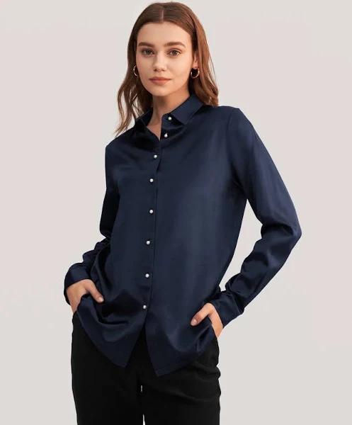 LILYSILK Silk Blouses Womens Navy Blue AU 100% Charmeuse Silk Pure Color Smooth and Soft Regular Fit Long-sleeved Silk Top L