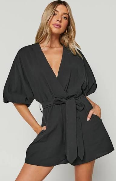 Kiro Playsuit - V Neck Puff Sleeve Tie Waist Playsuit in Black