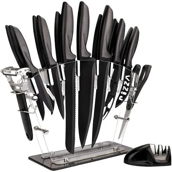 GOMINIMO 17 Piece Kitchen Knife Set with Acrylic Knife Block (Black and Transparent)