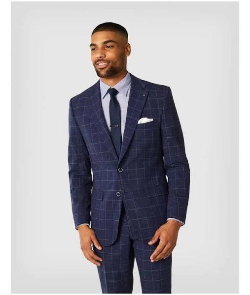 Politix Slim Stretch Windowpane Check Tailored Jacket in Navy Windowpane Blue L