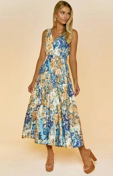 Emily Midi Dress - Plunge Tiered Midi in Patchwork Floral - Showpo A Line Dresses | Cyber Monday Sale