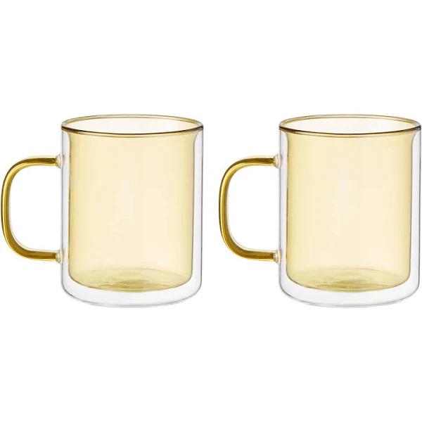 Leaf & Bean 2x Double Walled Glasses Coffee Walled Cup Latte Tumbler Yellow