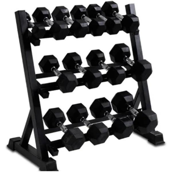 Rubber Hex Dumbbell Set & Rack | 12 Pairs [1kg - 15kg] by Fitness Hero