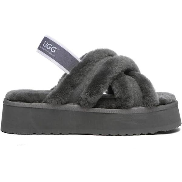 As UGG Women High Platform Cross-Over Fluffy Slides Aditi