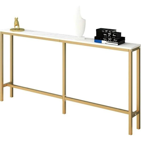 Ausway Gold Narrow Console Table Stand Hall Entryway Bar Side Sofa Couch Wood Accent Long Slim Storage Display Shelf Marble Tabletop 160x20x79cm