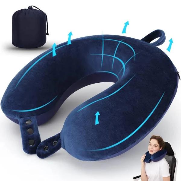 Travel Neck Pillow, Best Memory Foam Airplane Pillow For Head Support Soft Adjustable Pillow For Plane, Car & Home Recliner Use (Dark Blue)