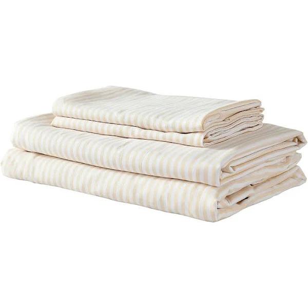 Royal Comfort Stripes Linen Blend Sheet Set Bedding Luxury Breathable Ultra Soft - Queen - Beige