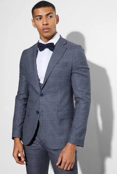 Mens Navy Skinny Single Breasted Check Suit Jacket