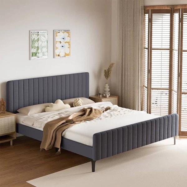 Oikiture Bed Frame King Size Beds Platform Velvet Fabric Grey ROYO