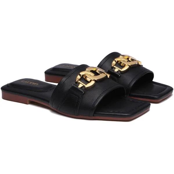 EVERAU Open Toe Leather Flat Sandals Women Chela Black / 37