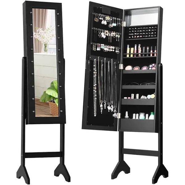 Giantex Free Standing Mirrored Jewelry Cabinet Armoire Organizer For Living Room Bedroom Black