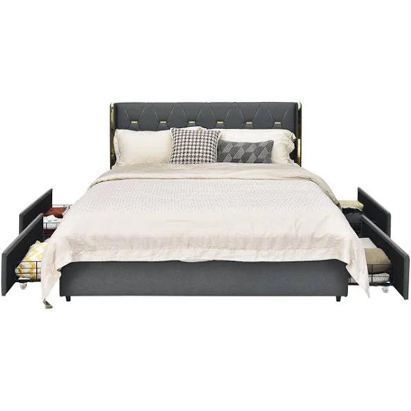 Giantex Full Size Bed Frame Wood Mattress Base Adjustable Platform Upholstered Headboard w/Storage Drawers Grey