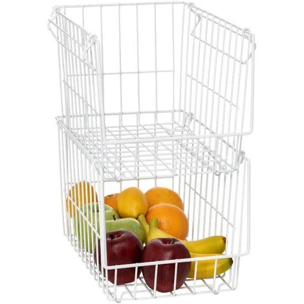 6 x Tall Wire Stacking Storage Baskets w/ Handles White Pantry Kitchen Organiser Cabinet Cupboard Food Storage Office Bath Bedroom Bin Basket