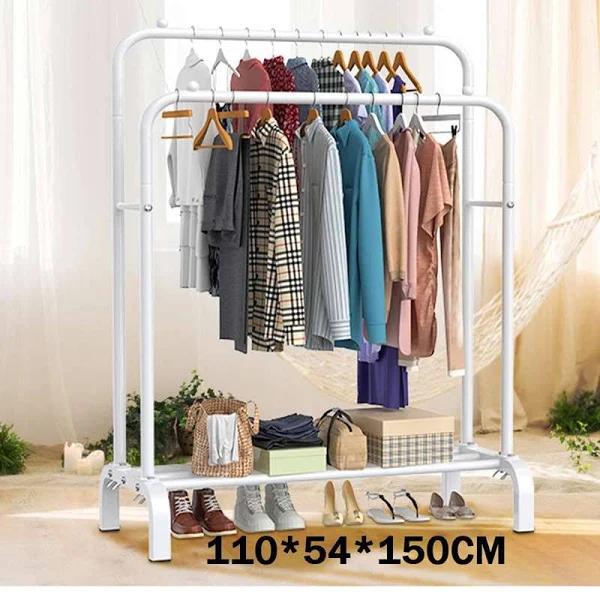 OZNALA Heavy Duty Double Rail Garment Rack Clothes Rack w/ Shoes Storage Shelf(White)