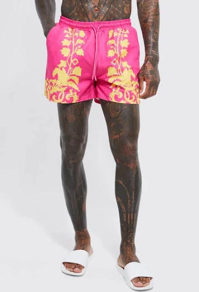 Mens Pink Short Length Floral Swim Shorts