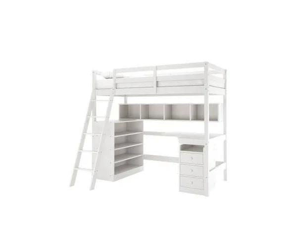 Momo Solid Pine Loft Bed With Bookcase and Cabinet - White