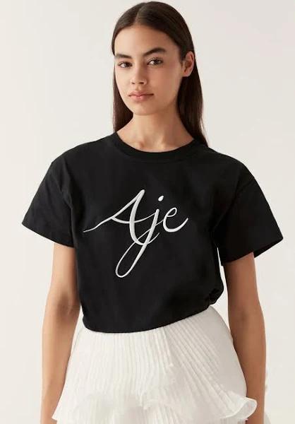 AJE Zelle Embroidered Logo Tee in Colour Black/White Logo Size S