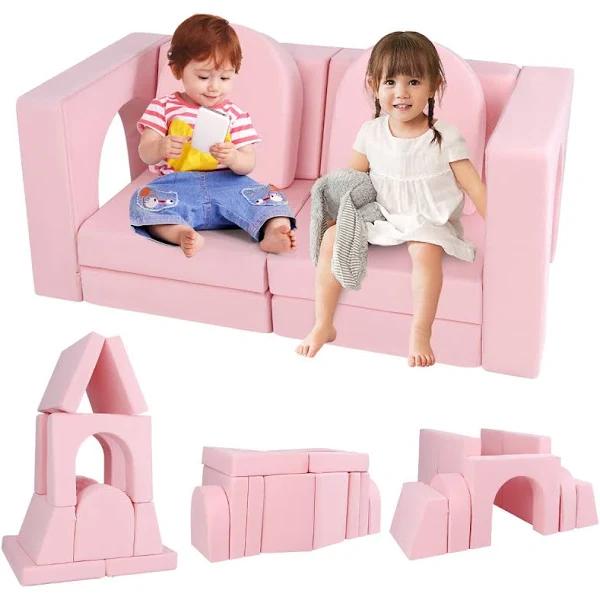 Costway 8-Piece Modular Kids Sofa Play Couch Climb Playset with Covers-Pink