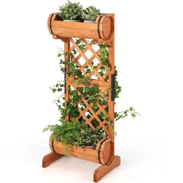 Giantex 2-Tier Wooden Raised Planter Vertical Garden Bed Container w/2 Cylindrical Planter Boxes& Trellis