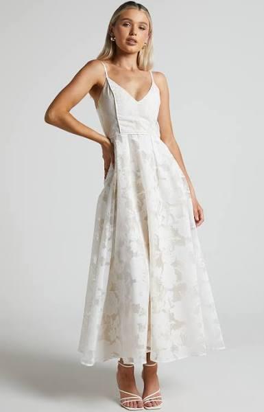 Philine Midi Dress - Plunge Fit and Flare Dress in White