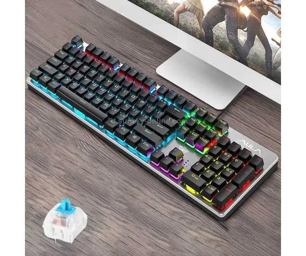 AULA S2016 104-keys Square Key Cap Mixing Light Mechanical Blue Switch Metal Panel Wired USB Gaming Keyboard