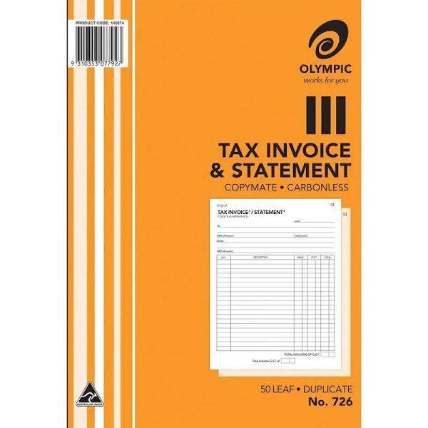 Olympic No.726 duplicate Carbonless Invoice & Statement Book 250x200mm