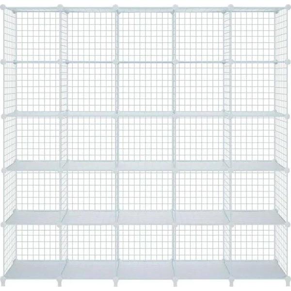 Ausway 25 Cubes Grid Wire Storage Shelf Cabinet DIY Metal Modular Organizer Rack White